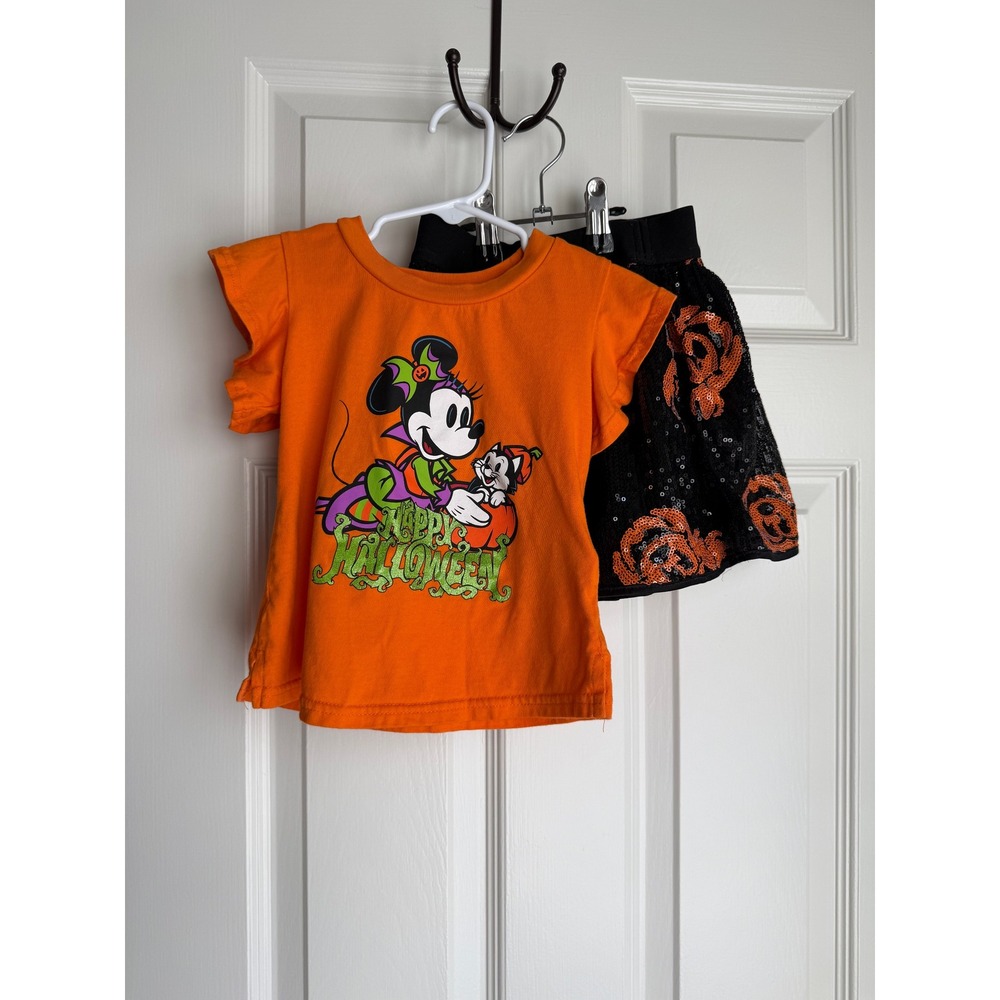 Disney Minnie Mouse Halloween Shirt and Sequin Pumpkin Skirt Set Kids Size 4
